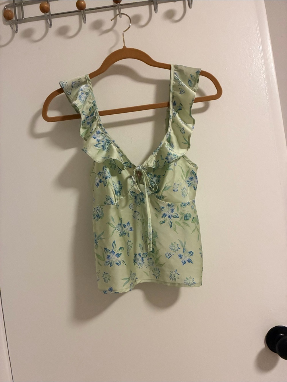 Light Green Floral Ruffle Camisole with Tie Front